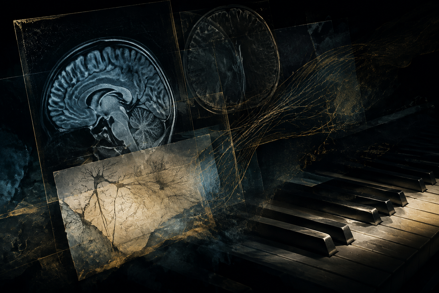 An editorial composition of brain imaging, neural forms, and piano